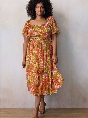 Plus Size 3X  LC Lauren Conrad Pleated Bodice Midi Dress Spice Misty Jungle